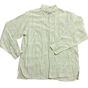 Geoffrey Beene Mens Large Linen Button Up Green Checkered Long Sleeve NWOT